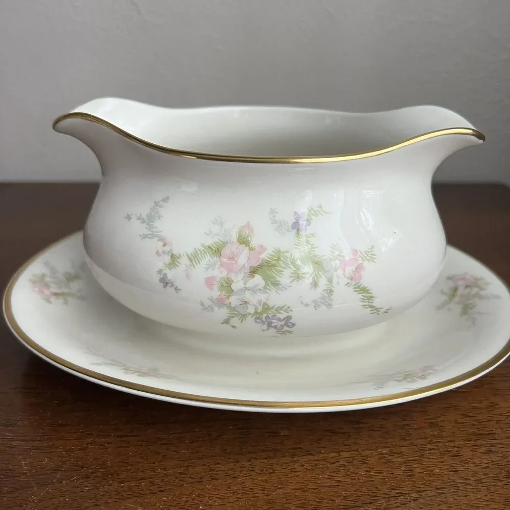 Kirk Gravy Boat w Attached Plate Pink Rose Vintage